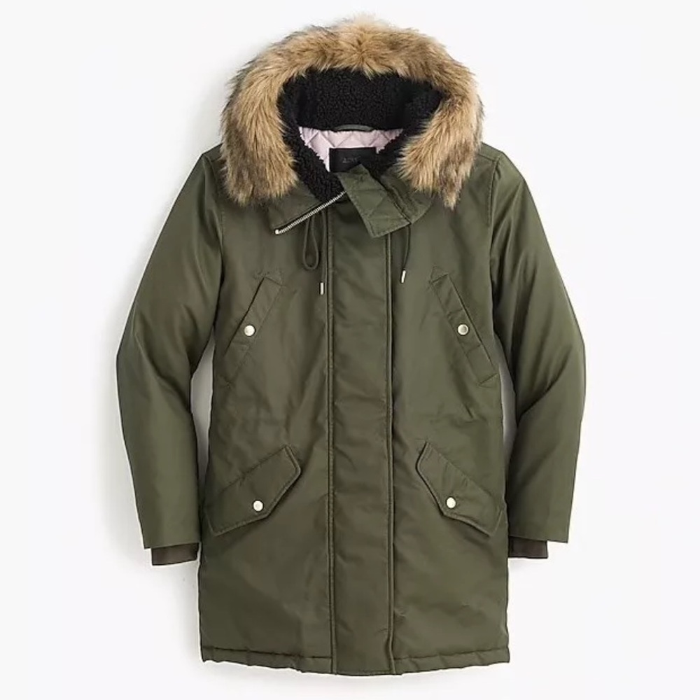 J.Crew Olive Green Winter Coat, Size Small, Perfect Winter Parka with PrimaLoft